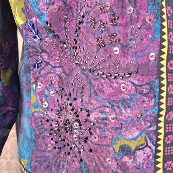 City Girl Nancy Bolen Sz Large Silk Jacket Beaded Sequins Turq Purple Green Vtg - Picture 7 of 16